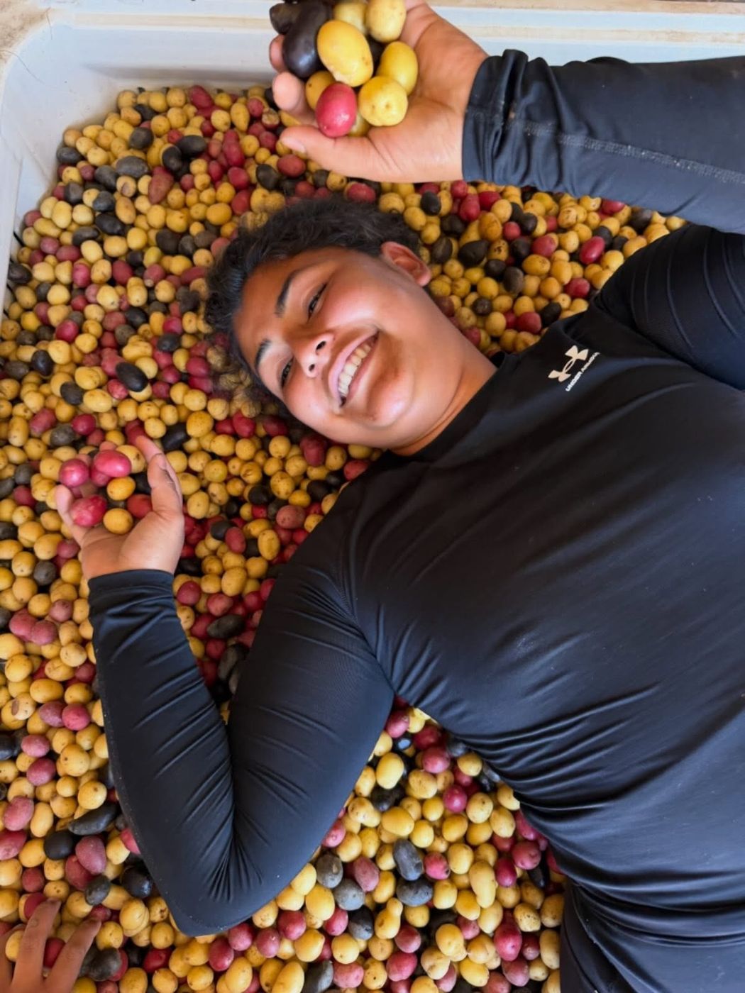A member of the Fernandez family with freshly harvested potatoes