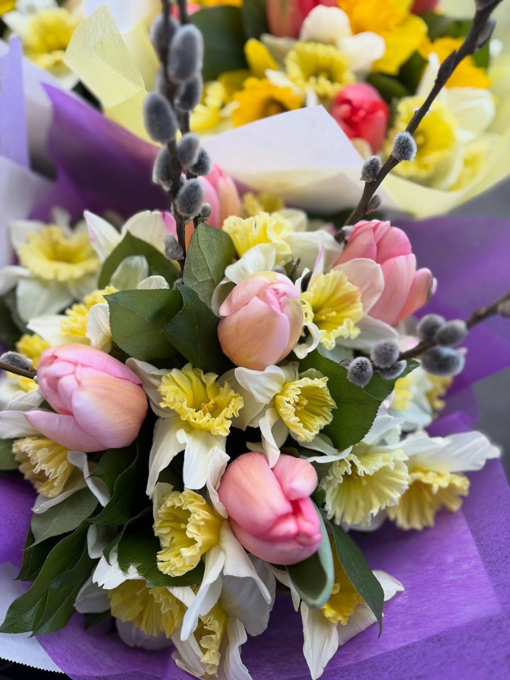 Pink tulips and yellow daffodils in a Thai D Garden bouquet